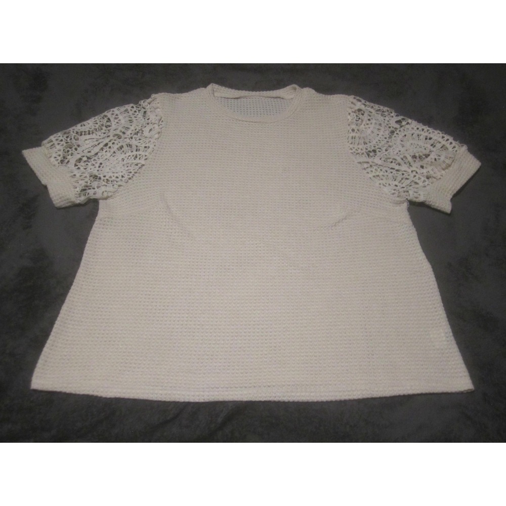 SheIn Shirt Womens 1XL White Crochet Lace Flutter Sleeve Waffle Knit Top‎ Plus